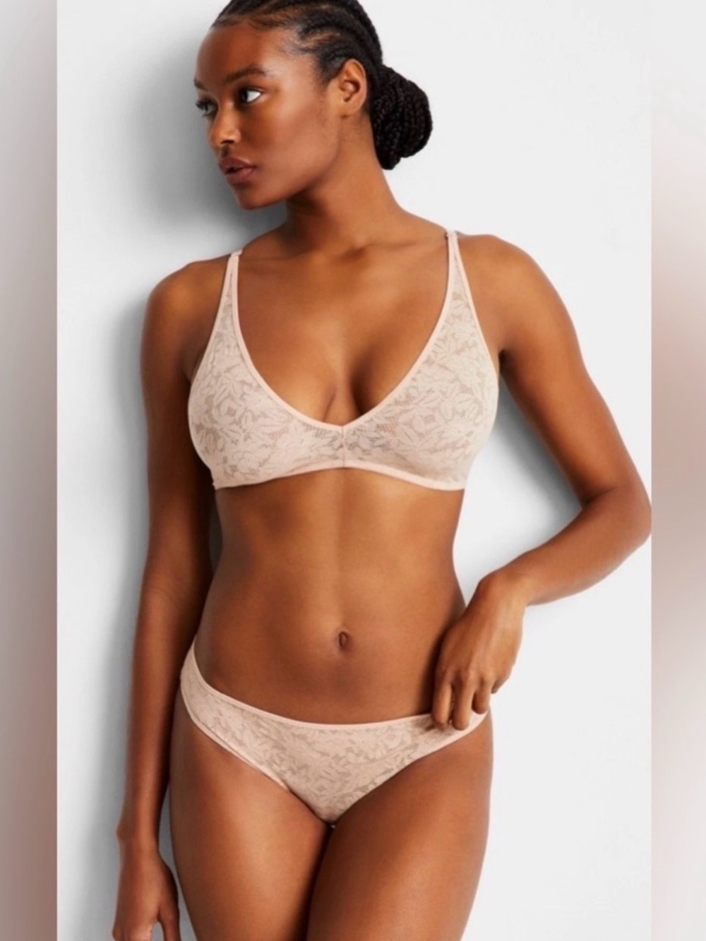 State of Day Lightweight Mesh Lace Wire-Free Solid Bralette Women's Bra XS Nude